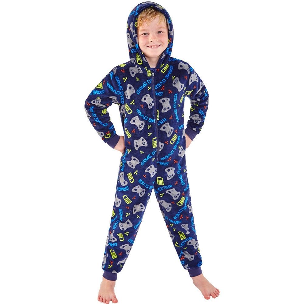 Boys Grey Gamer Onesie, Soft and Cozy Velour Pajama With Hood