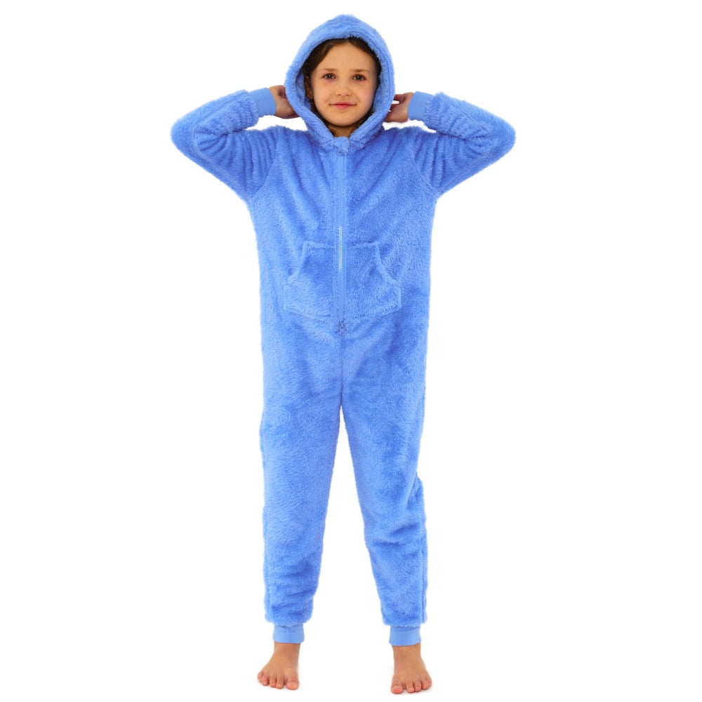 Kids Blue Fluffy Fleece Hooded Onesie (14742321561982)