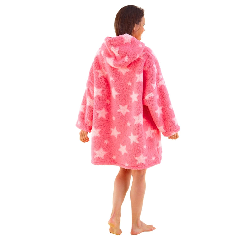 Womens Star Print Teddy Fleece Wearable Hoodie Blanket (14761862562174)