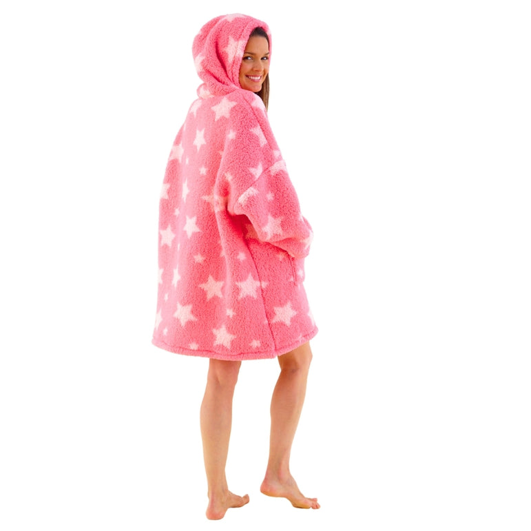 Womens Star Print Teddy Fleece Wearable Hoodie Blanket (14761862562174)