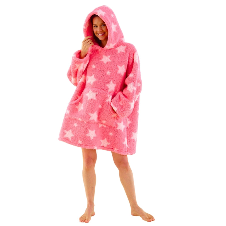 Womens Star Print Teddy Fleece Wearable Hoodie Blanket (14761862562174)