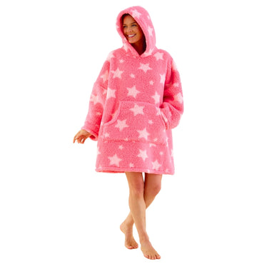 Womens Star Print Teddy Fleece Wearable Hoodie Blanket (14761862562174)