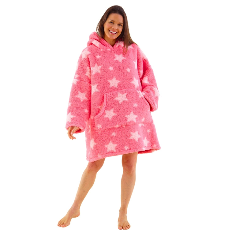 Womens Star Print Teddy Fleece Wearable Hoodie Blanket (14761862562174)