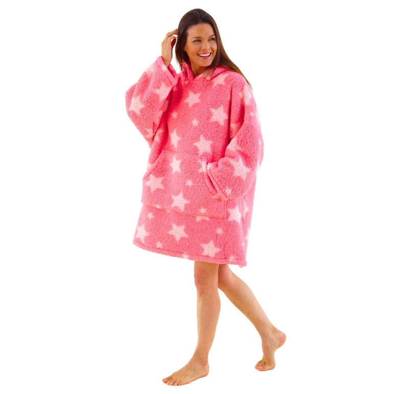 Womens Star Print Teddy Fleece Wearable Hoodie Blanket (14761862562174)