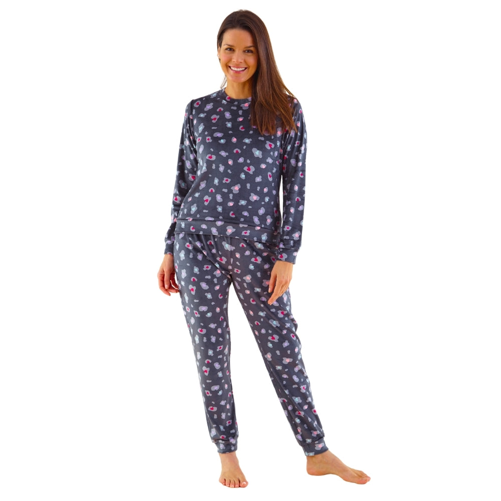 Womens Leopard Print Velour Pyjamas (14762060185982)