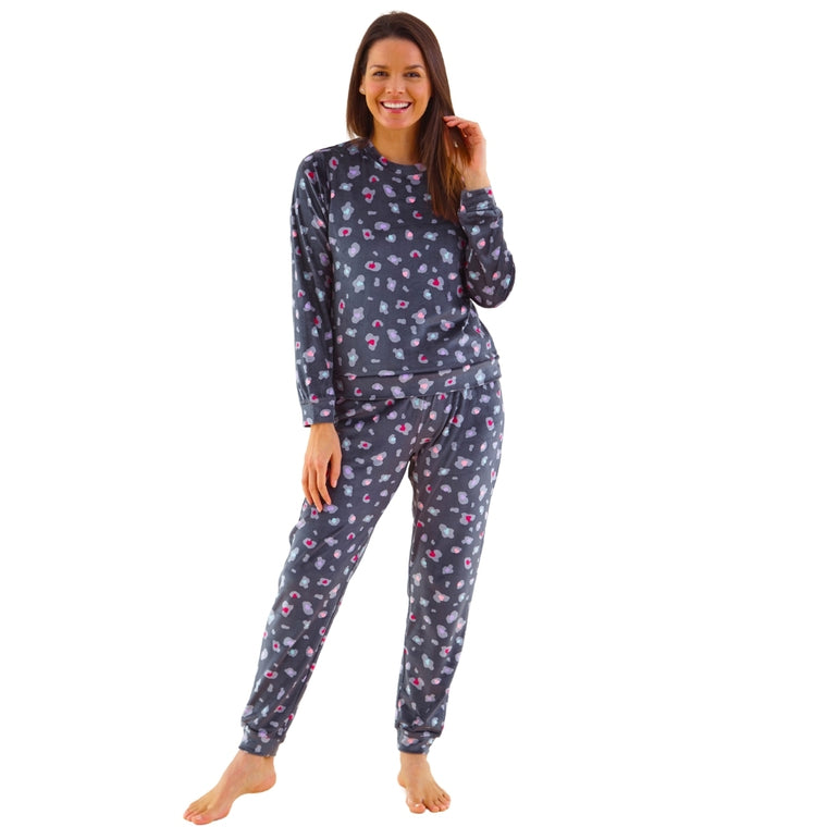 Womens Leopard Print Velour Pyjamas (14762060185982)