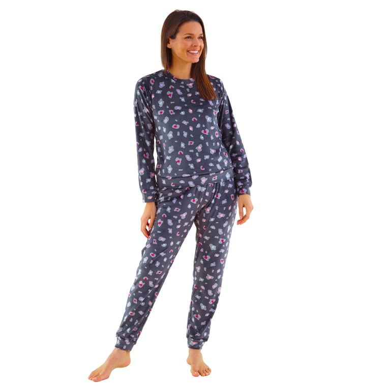 Womens Leopard Print Velour Pyjamas (14762060185982)